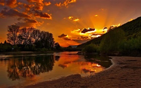 Morgendämmerung , Morgen, Sonnenaufgang, Fluss, Bäume, rot Himmel, Wolken HD Hintergrundbilder