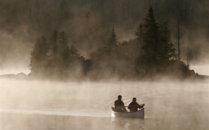 Morgendämmerung , Fluss, Boot, Nebel Hintergrundbilder Bilder