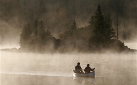 Morgendämmerung , Fluss, Boot, Nebel