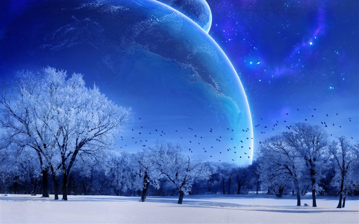 Traumwelt , Winter, Bäume, Vögel, Planeten, blau Stil Hintergrundbilder Bilder