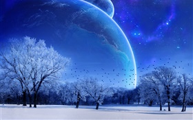 Traumwelt , Winter, Bäume, Vögel, Planeten, blau Stil