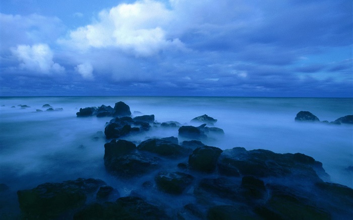Abenddämmerung , Meer, Küste, Felsen, Wolken, blau Stil Hintergrundbilder Bilder