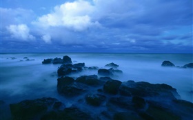 Abenddämmerung , Meer, Küste, Felsen, Wolken, blau Stil