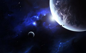 Erde und Mond, Raum, blaues Licht HD Hintergrundbilder