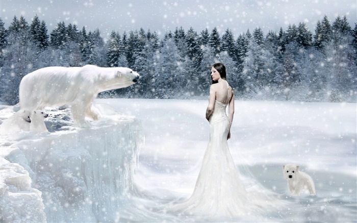 Fantasy-Mädchen und Eisbären, Kälte Hintergrundbilder Bilder