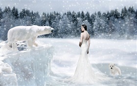 Fantasy-Mädchen und Eisbären, Kälte HD Hintergrundbilder