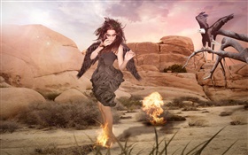 Fantasie-Mädchen, schwarze Flügel, Felsen, Feuer HD Hintergrundbilder