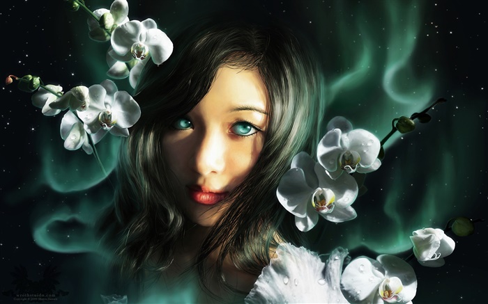Fantasie Mädchen, blaue Augen, Orchideen Hintergrundbilder Bilder