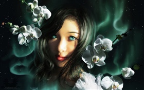 Fantasie Mädchen, blaue Augen, Orchideen HD Hintergrundbilder