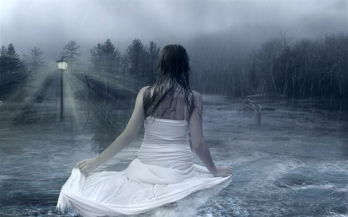 Fantasy-Mädchen in der regnerischen Nacht, Wasser, Lampen, Bäume Hintergrundbilder Bilder