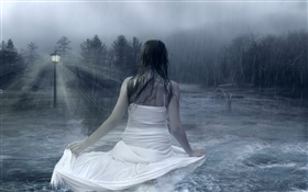 Fantasy-Mädchen in der regnerischen Nacht, Wasser, Lampen, Bäume HD Hintergrundbilder
