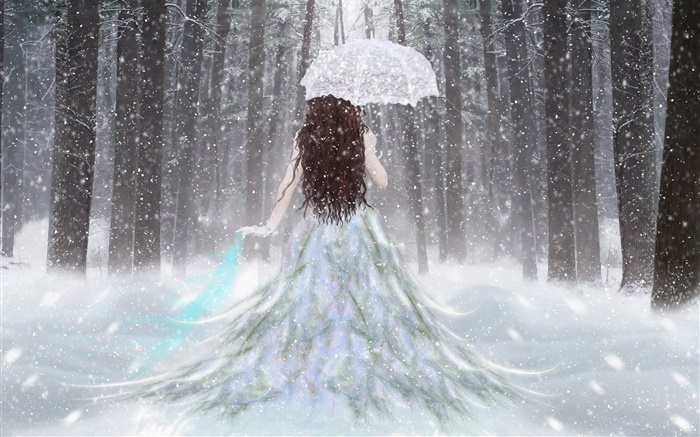 Fantasie Mädchen im Winterwald , Schnee, Regenschirm, Rückansicht Hintergrundbilder Bilder