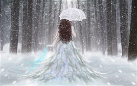 Fantasie Mädchen im Winterwald , Schnee, Regenschirm, Rückansicht HD Hintergrundbilder