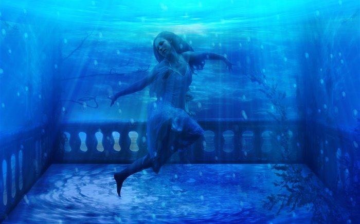Fantasie-Mädchen in Unterwasser , blaues Wasser Hintergrundbilder Bilder