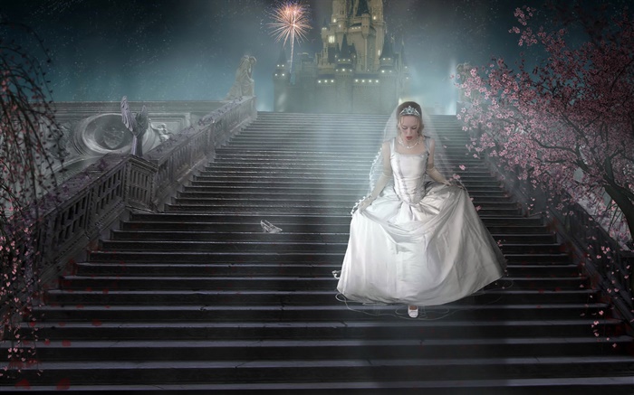 Fantasie-Mädchen, weißes Kleid, Treppen, Schuhe Hintergrundbilder Bilder