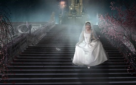 Fantasie-Mädchen, weißes Kleid, Treppen, Schuhe HD Hintergrundbilder