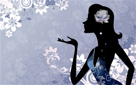 Mode Vektor Mädchen, Blumen, blauer Hintergrund HD Hintergrundbilder