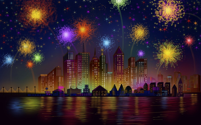 Festival Feuerwerk , Stadt, Nacht, Gebäude, Vektor Hintergrundbilder Bilder