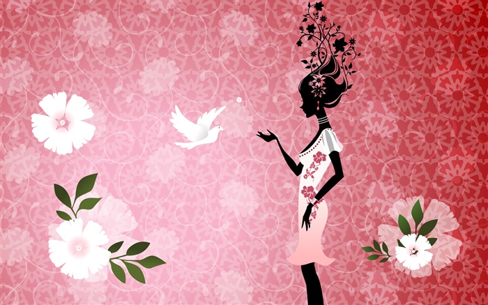 Mädchen und Taube, Vogel, Blumen, rosa Hintergrund, Vektor-Design-Bilder Hintergrundbilder Bilder