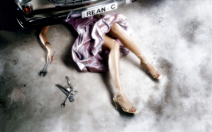 Mädchen Reparatur Auto, schöne Beine, kreative Bilder Hintergrundbilder Bilder