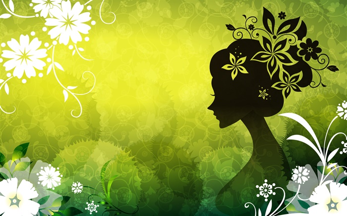 Grüner Hintergrund, schöne Vektor-Mädchen, Blumen Hintergrundbilder Bilder