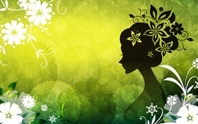 Grüner Hintergrund, schöne Vektor-Mädchen, Blumen