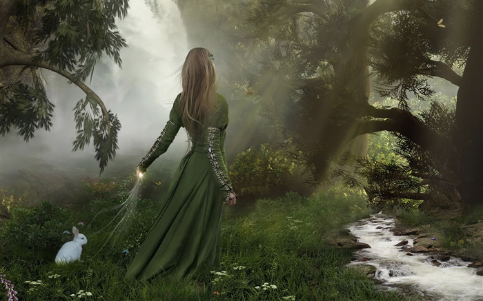 Grünes Kleid Fantasie Mädchen im Wald, weißes Kaninchen Hintergrundbilder Bilder