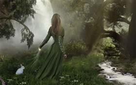 Grünes Kleid Fantasie Mädchen im Wald, weißes Kaninchen