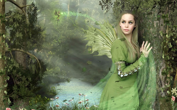 Grünes Kleid Fantasie Mädchen, Flügel, Fee Hintergrundbilder Bilder