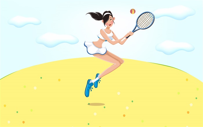 Glückliches Mädchen, das Tennis spielt, Sommer, Vektor-Bilder Hintergrundbilder Bilder