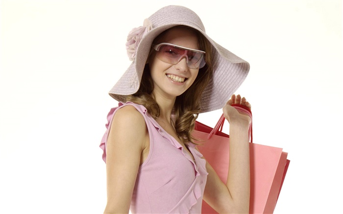 Happy shopping Mädchen, rosa Kleid, Hut, Sonnenbrille Hintergrundbilder Bilder