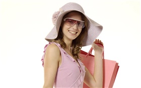 Happy shopping Mädchen, rosa Kleid, Hut, Sonnenbrille HD Hintergrundbilder