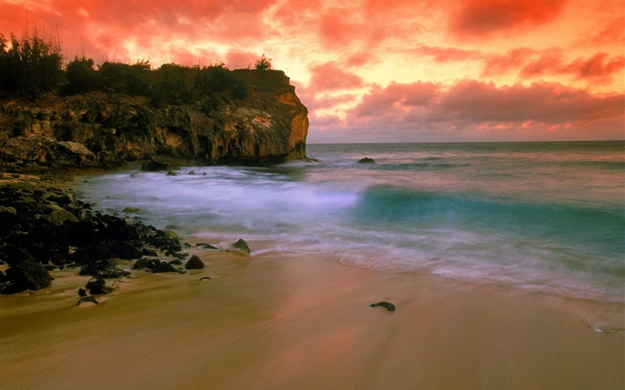 Hawaii, USA, Strand, Küste, Meer, roten Himmel, Sonnenuntergang Hintergrundbilder Bilder