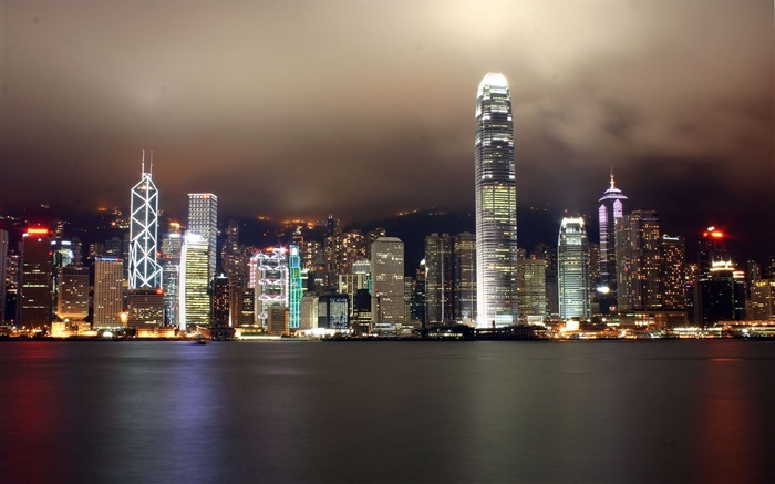 Hong Kong, schöne Stadt, Wolkenkratzer, Nacht, Lichter, Fluss Hintergrundbilder Bilder