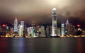 Hong Kong, schöne Stadt, Wolkenkratzer, Nacht, Lichter, Fluss HD Hintergrundbilder