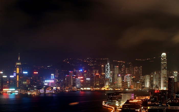 Hong Kong, schöne Nacht, Stadt, Wolkenkratzer, Lichter, Meer Hintergrundbilder Bilder
