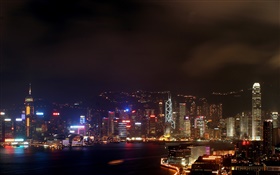 Hong Kong, schöne Nacht, Stadt, Wolkenkratzer, Lichter, Meer HD Hintergrundbilder