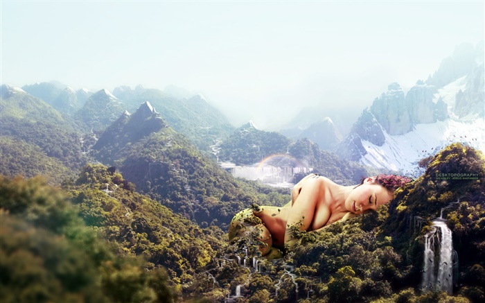 Sehr große Mädchen, schlafen auf Berge, kreatives Design Hintergrundbilder Bilder
