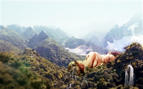Sehr große Mädchen, schlafen auf Berge, kreatives Design HD Hintergrundbilder