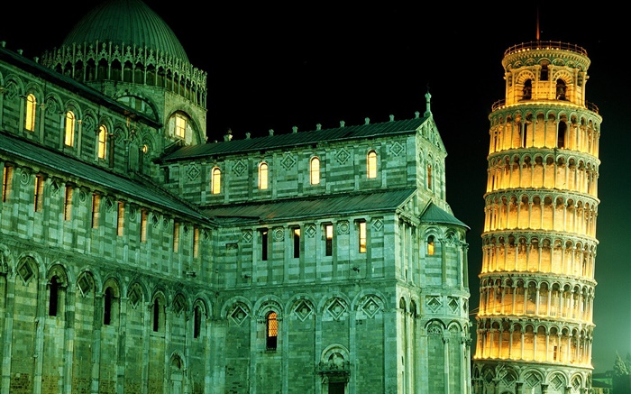 Italien Schiefen Turm von Pisa, Nacht, Lichter Hintergrundbilder Bilder