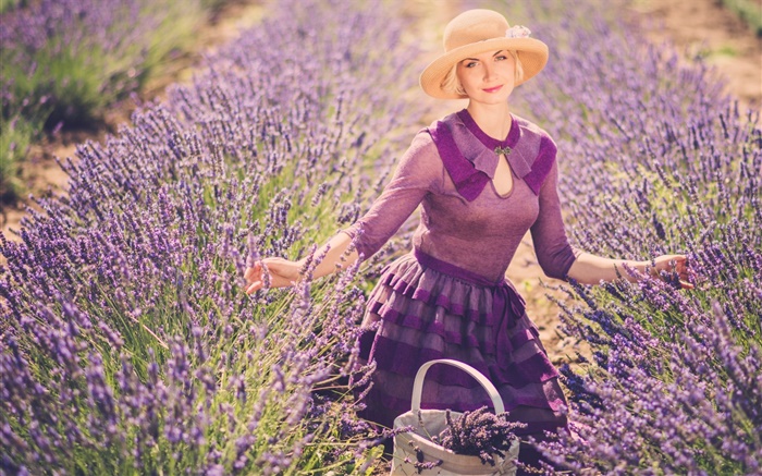 Lavendelblüten  Feld, blonde Mädchen, Hut, Korb Hintergrundbilder Bilder