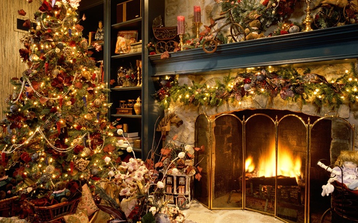 Frohe Weihnachten, Kugeln, Dekoration, Kamin, Lichter, warm Hintergrundbilder Bilder