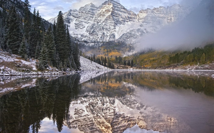 Morgen, Nebel, See, Berge, Wasser Reflexion Hintergrundbilder Bilder