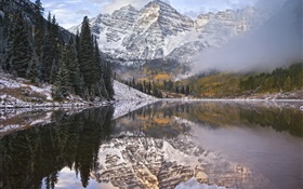 Morgen, Nebel, See, Berge, Wasser Reflexion HD Hintergrundbilder