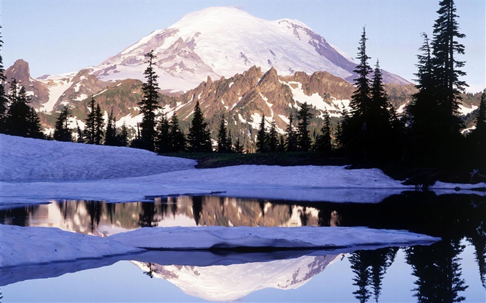 Mount Rainier, Tipsoo See, Berge, Bäume, Schnee, Washington, USA Hintergrundbilder Bilder