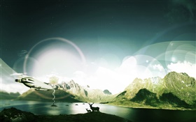 Berge, See, Hirsche, Licht, kreatives Design HD Hintergrundbilder