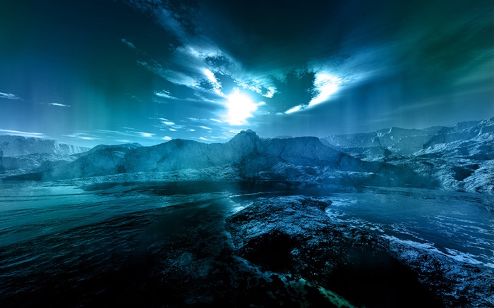 Nachtlandschaft , Meer, Küste, Wasser, Mond, Wolken, blau Stil Hintergrundbilder Bilder