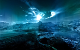 Nachtlandschaft , Meer, Küste, Wasser, Mond, Wolken, blau Stil HD Hintergrundbilder
