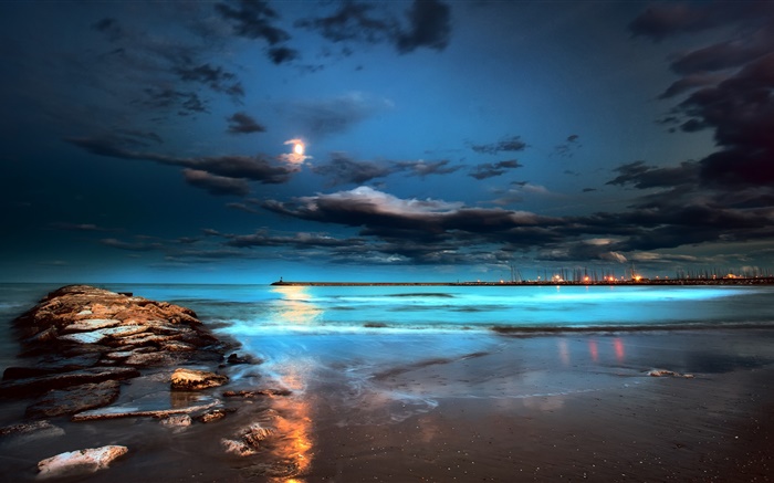 Nacht, Lichter, Mond, Wolken, Meer, dem Pier Hintergrundbilder Bilder