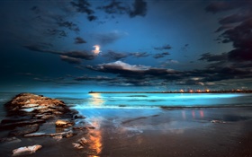 Nacht, Lichter, Mond, Wolken, Meer, dem Pier HD Hintergrundbilder
